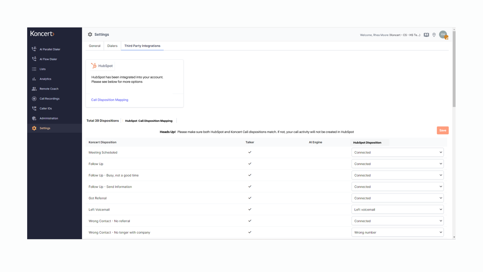 Koncert HubSpot integration settings page showing configuration options to connect Koncert’s AI-powered dialer with HubSpot CRM for seamless data sync and sales engagement.